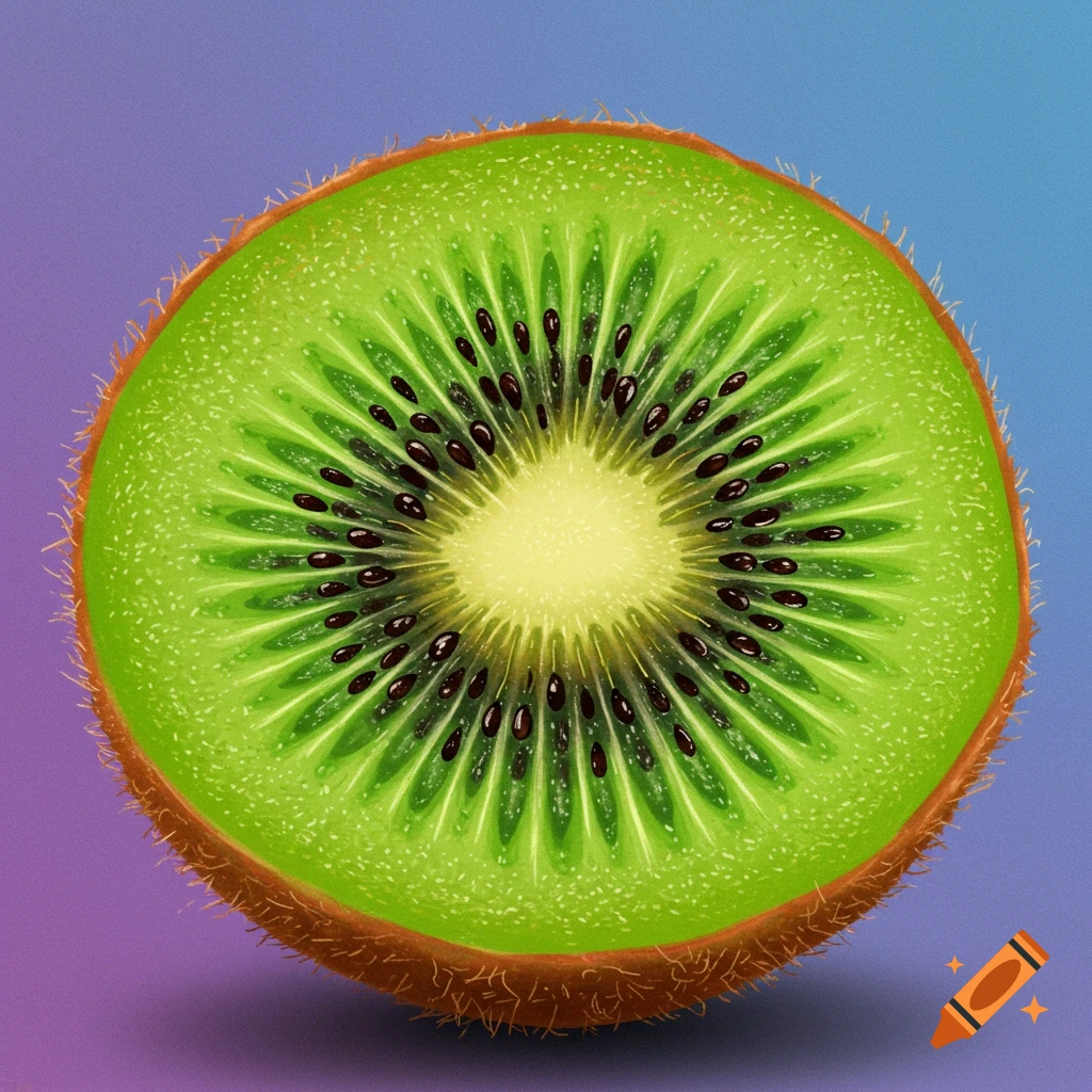 A detailed cross-section of a green kiwi fruit showing its black seeds and fuzzy brown skin against a blue and purple gradient background.
