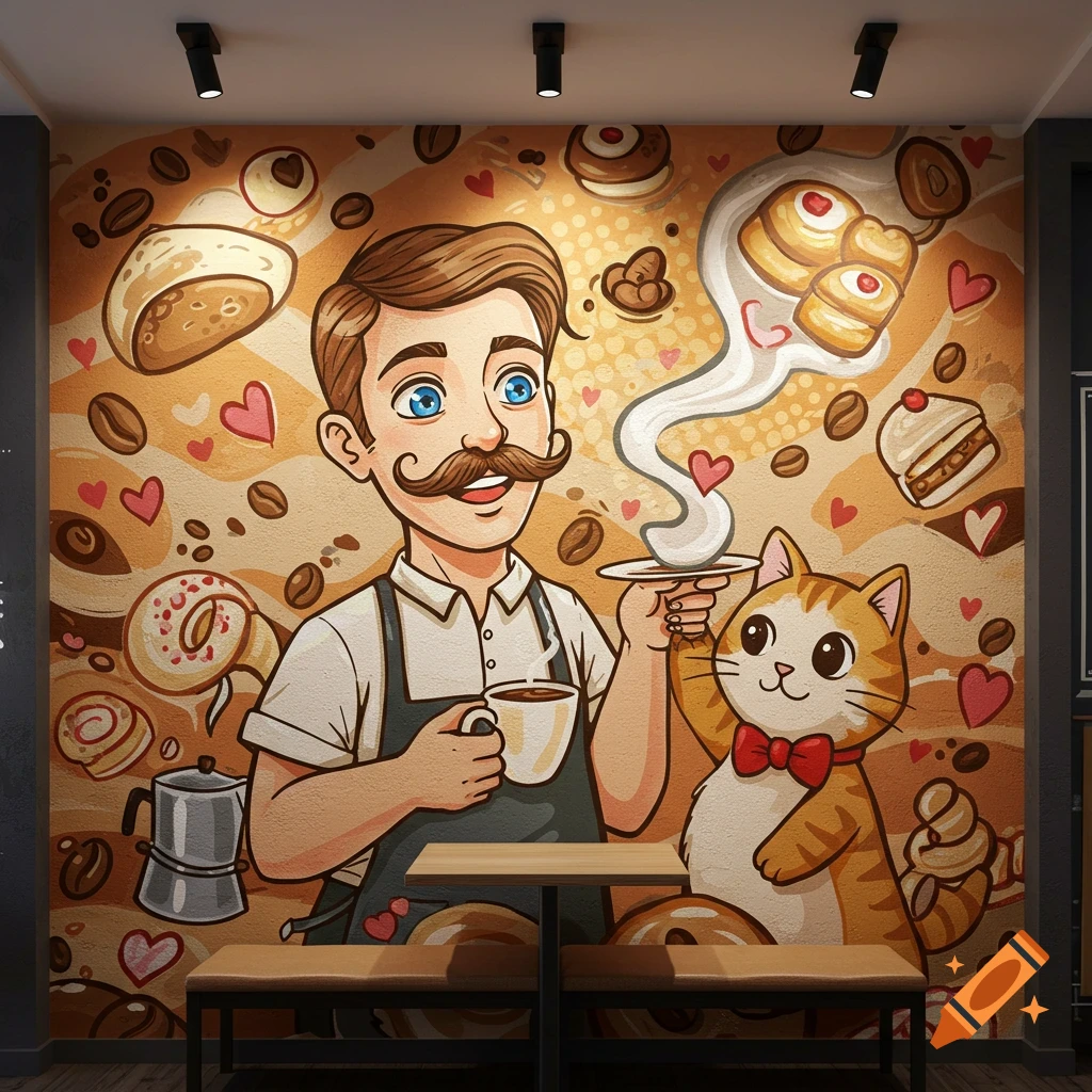 A colorful cartoon mural for a cafe featuring a mustachioed barista holding coffee and a cat holding pastries.