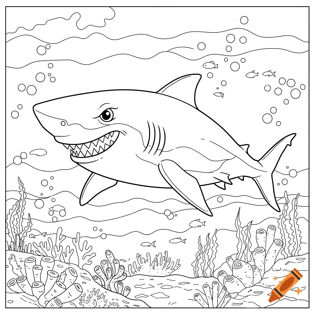 A black and white line art coloring page of a friendly shark swimming in the ocean with coral and small fish.