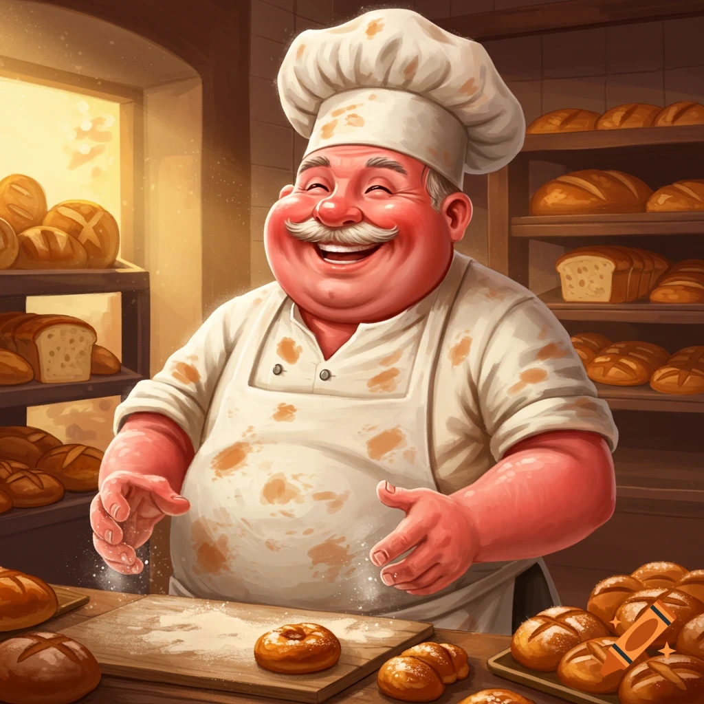 A jolly, rosy-cheeked baker with a wide smile stands in a bustling bakery, surrounded by fresh bread and flour.