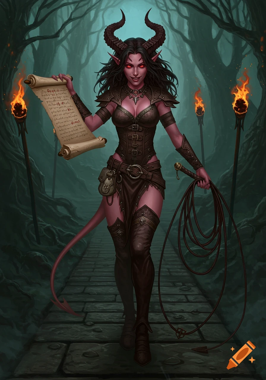 A dark fantasy illustration of a female demon with red eyes, horns, and a tail, holding a scroll and a whip in a dark forest.