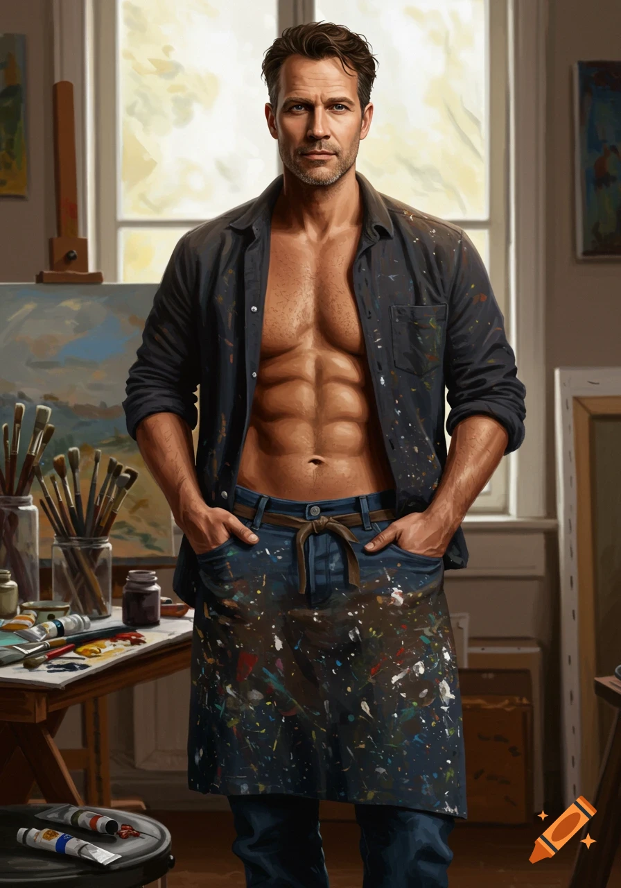 A photorealistic portrait of a shirtless male artist with abs, wearing a paint-splattered apron in his art studio.