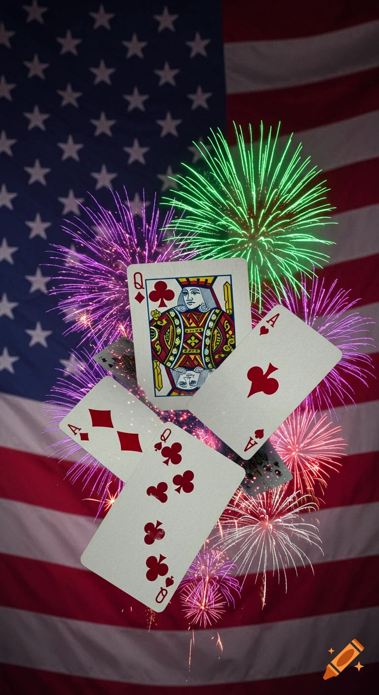 Playing cards with various suits and values float over a vibrant display of fireworks against a backdrop of the American flag.
