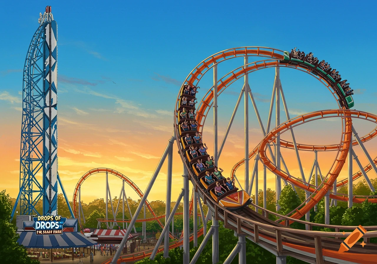 A vibrant illustration of multiple large roller coasters at a theme park during sunset, with riders on orange and green tracks. A tall blue drop tower stands to the left.
