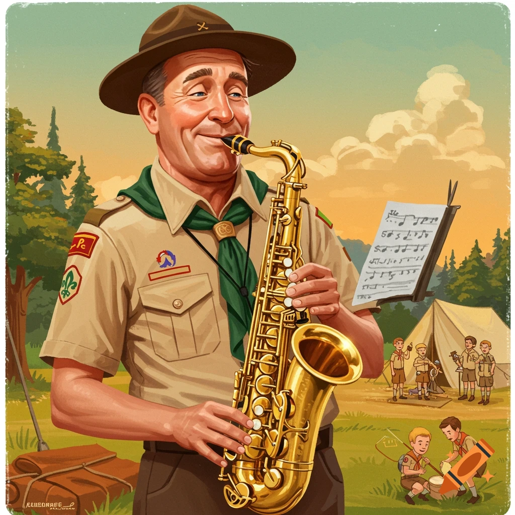 An illustration of a smiling scout leader in a hat and uniform playing a saxophone at a campsite with young scouts in the background.