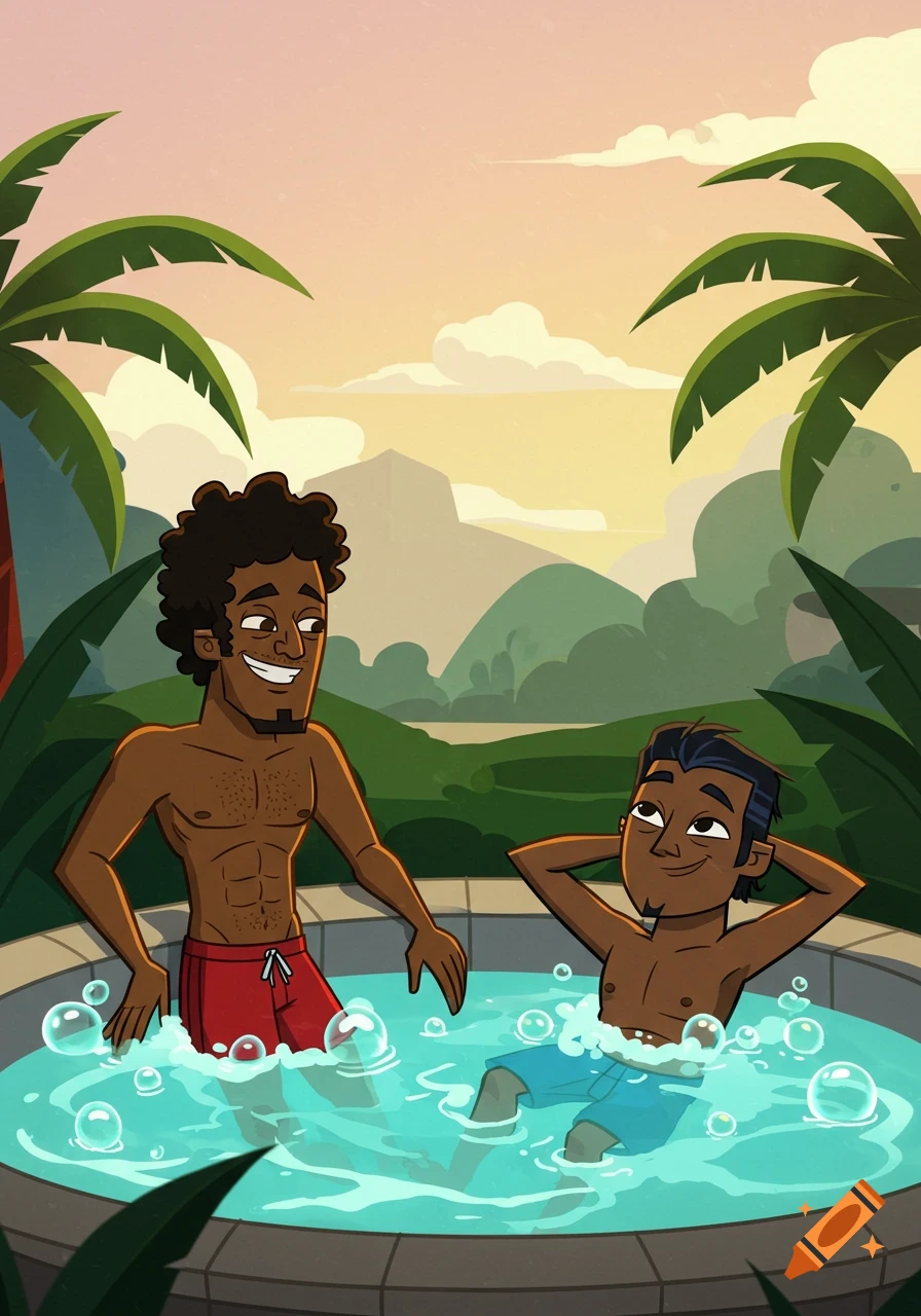 Two cartoon men, Wayne and Raj from Total Drama, relax in a hot tub under palm trees at sunset.