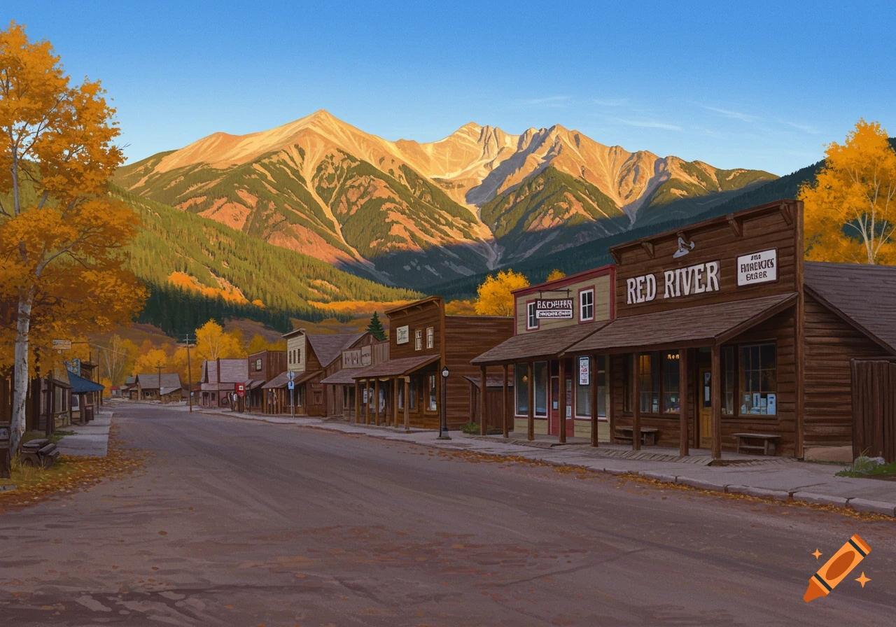 A rustic wooden town street with buildings in autumn, set against a backdrop of majestic mountains bathed in golden sunlight.