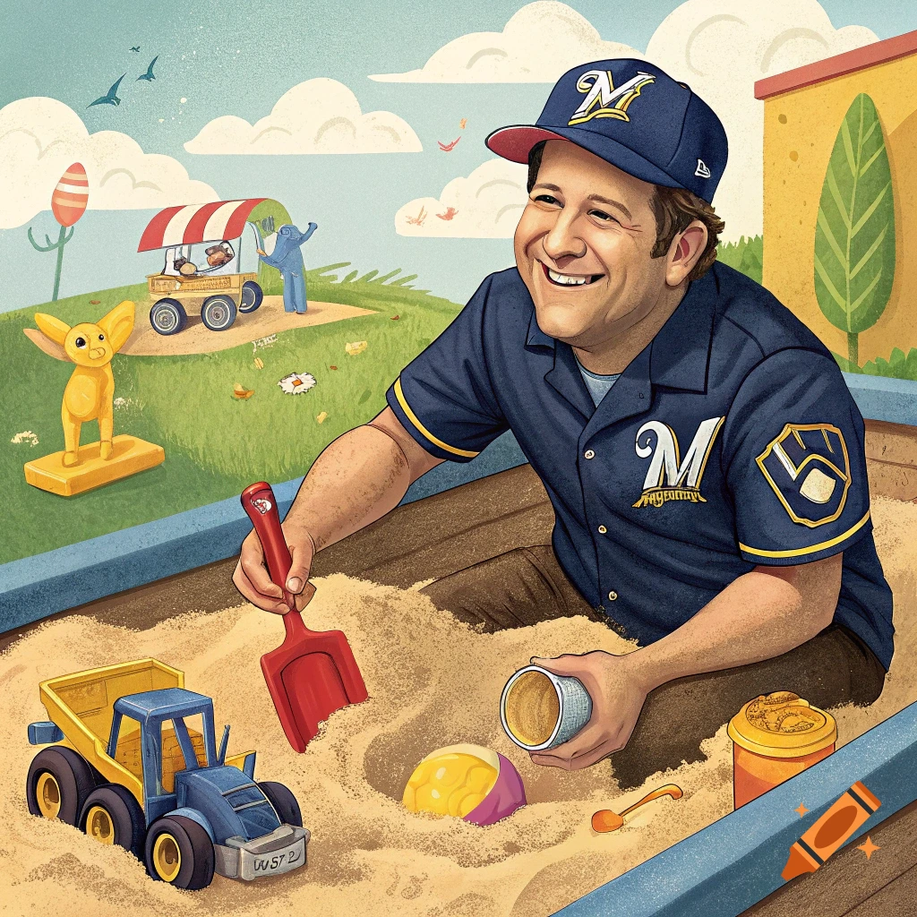 An illustration of a smiling man in a Milwaukee Brewers baseball cap and shirt playing in a sandbox with a toy dump truck, shovel, and pail.