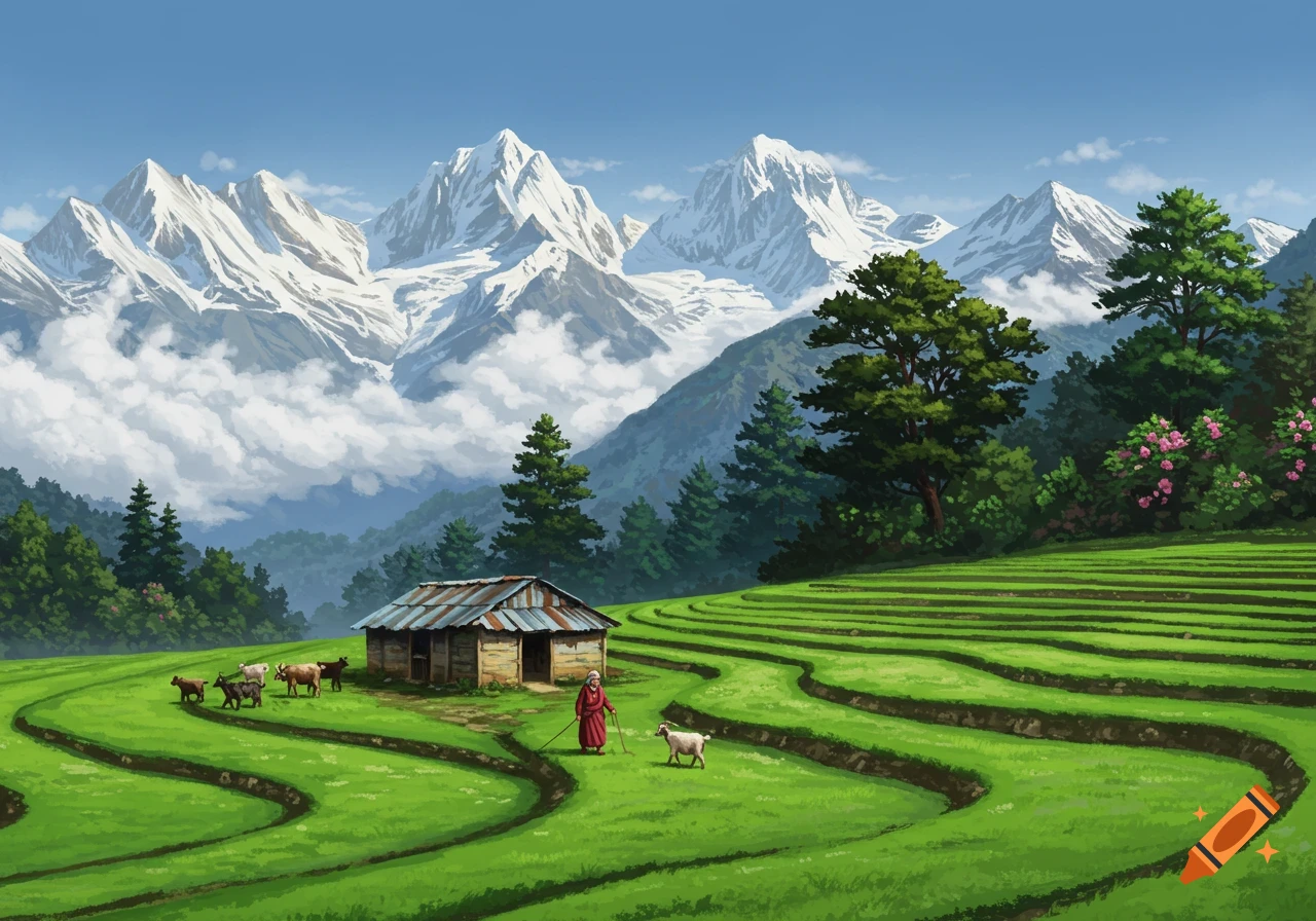 A scenic landscape with terraced green fields, a small hut, an elderly woman herding goats, and snow-capped mountains under a blue sky.