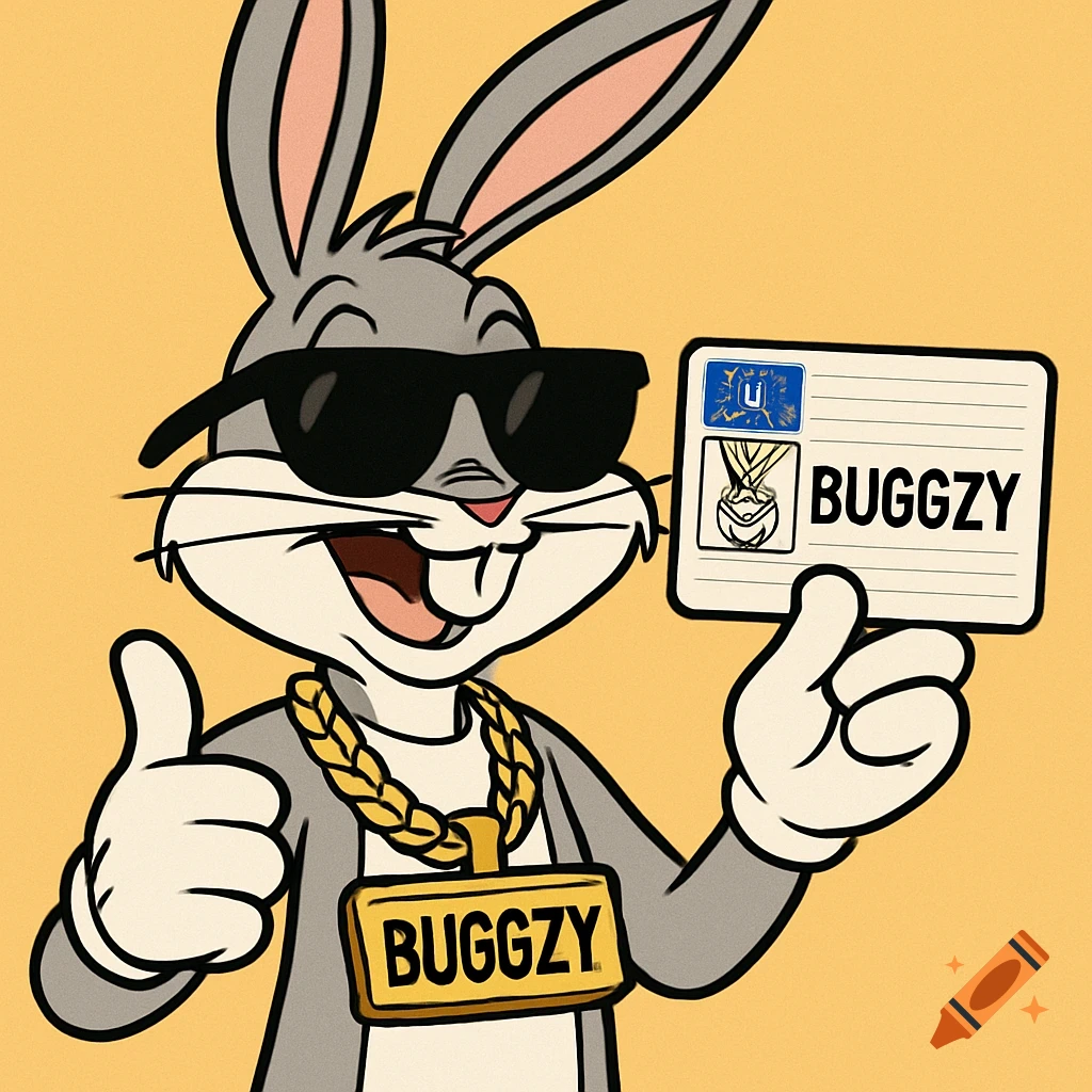 Bugs Bunny cartoon character wearing sunglasses and a gold chain with a 'BUGGZY' pendant, giving a thumbs up and holding an ID card.