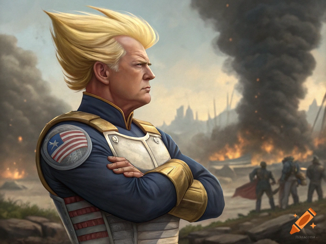 Donald Trump as Vegeta with spiky blonde hair, wearing blue and gold armor with an American flag emblem, arms crossed, against a fiery battleground.