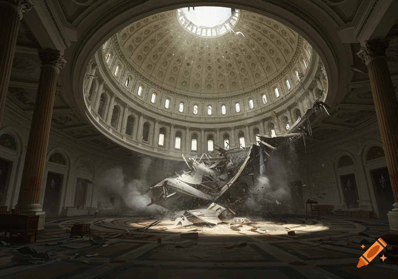 Photorealistic image of the US Capitol Building rotunda, severely damaged by a crashed airplane.