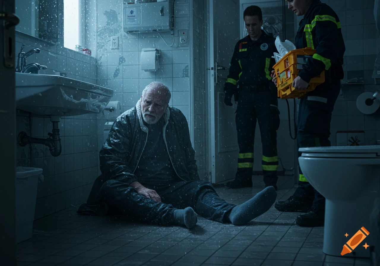 Elderly man sits on a bathroom floor covered in snow, looking distressed, while paramedics enter the room.