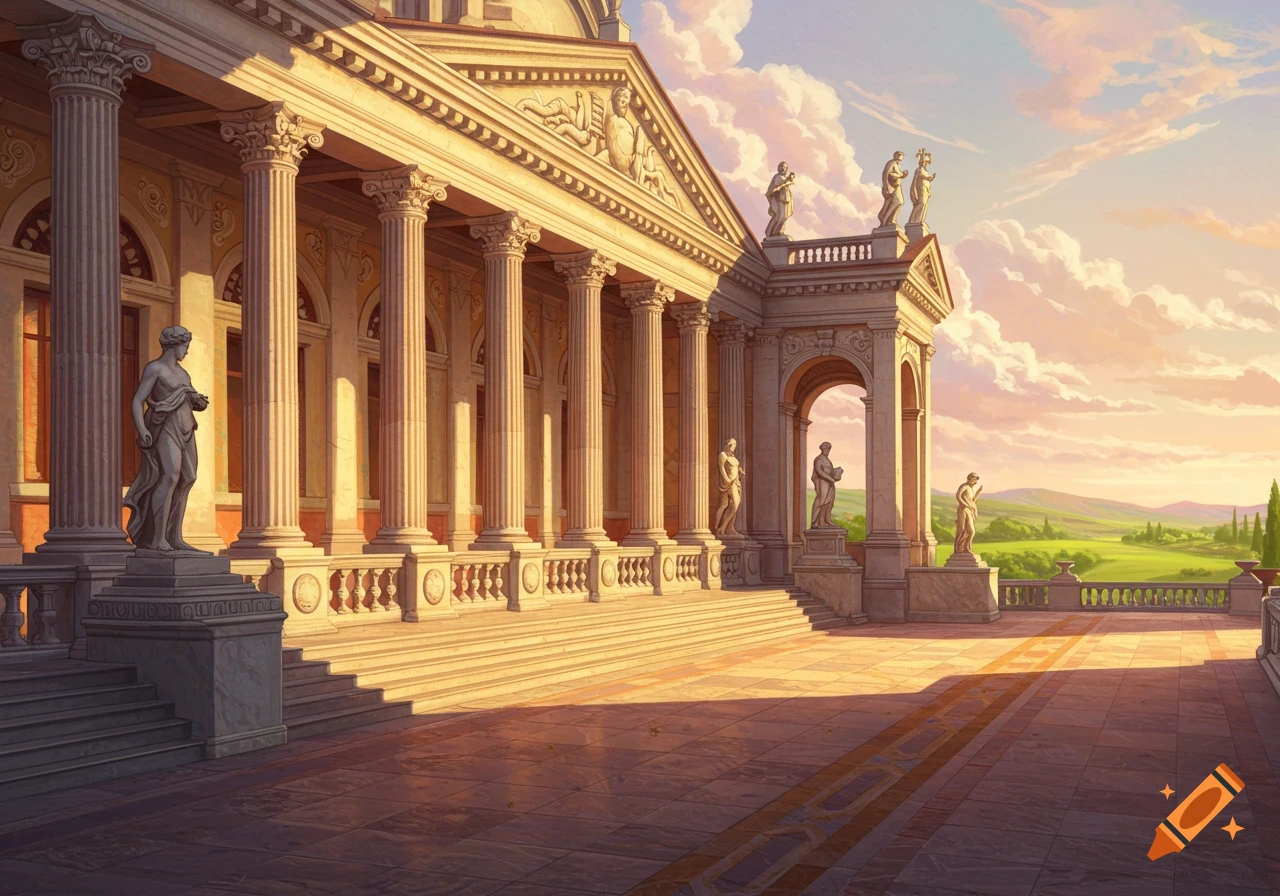 A grand classical building with columns and statues, bathed in golden light from a sunset sky, overlooking a serene green landscape.