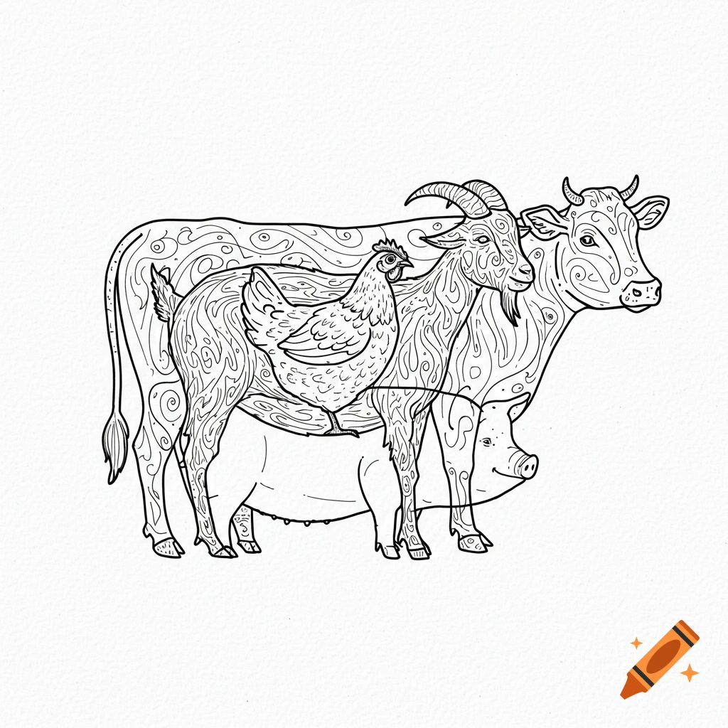 A black and white line art illustration shows outlines of a chicken, goat, pig, and cow layered within each other.