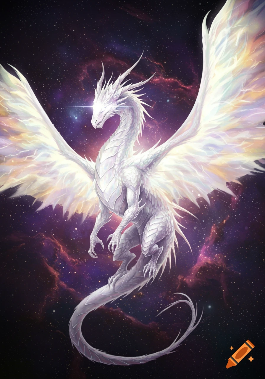 A majestic white dragon with large, glowing wings soars through a starry purple and red nebula in deep space.