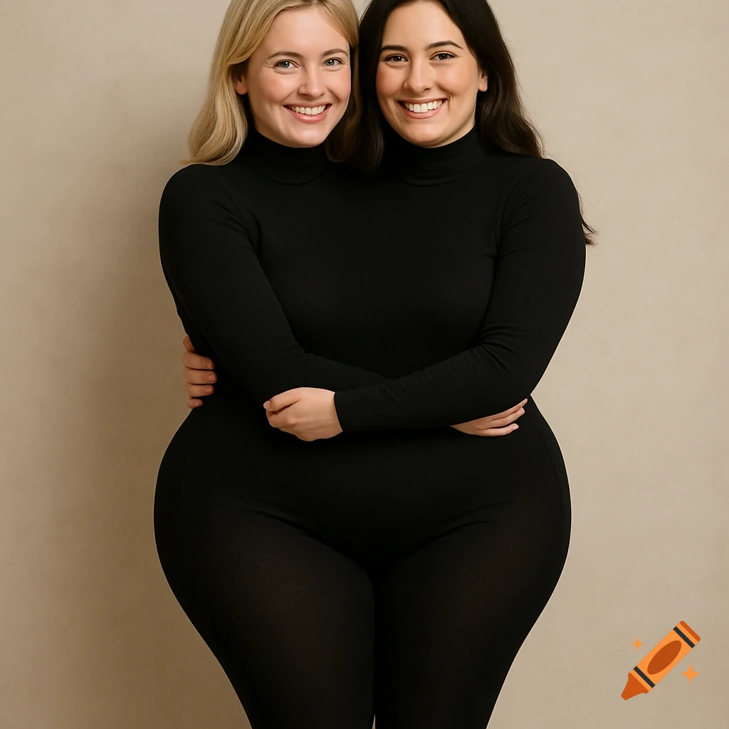 Two smiling women in black turtlenecks and tights creating a two-headed woman illusion, merging into one body.
