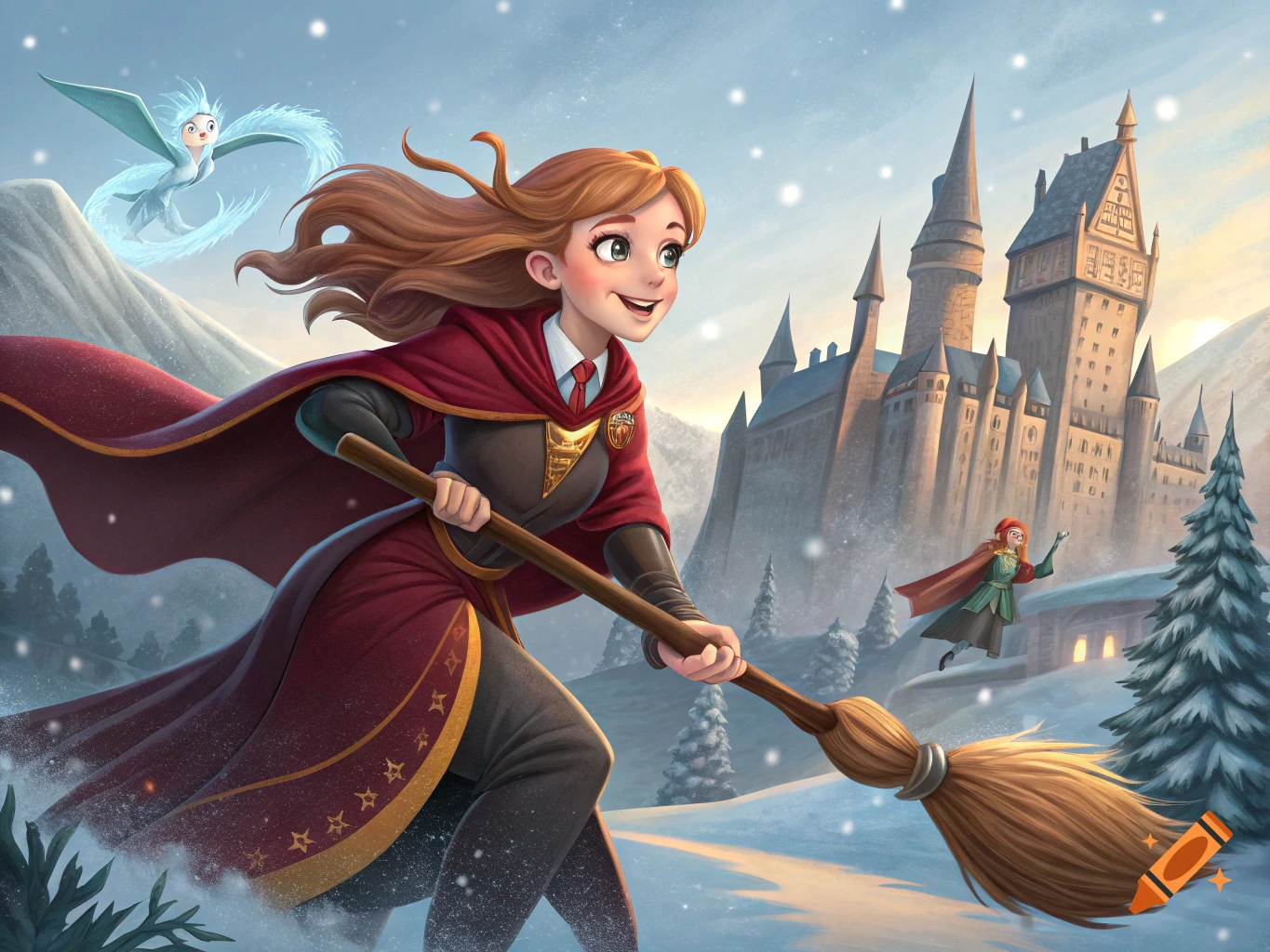 An animated red-haired girl in a Gryffindor-like robe flies a broom over a snowy landscape with a castle.