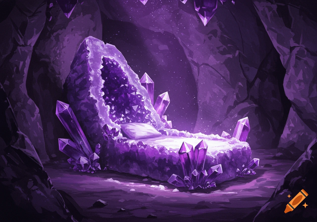 A glowing purple crystal bed within a dark, sparkling cave surrounded by numerous smaller crystals.