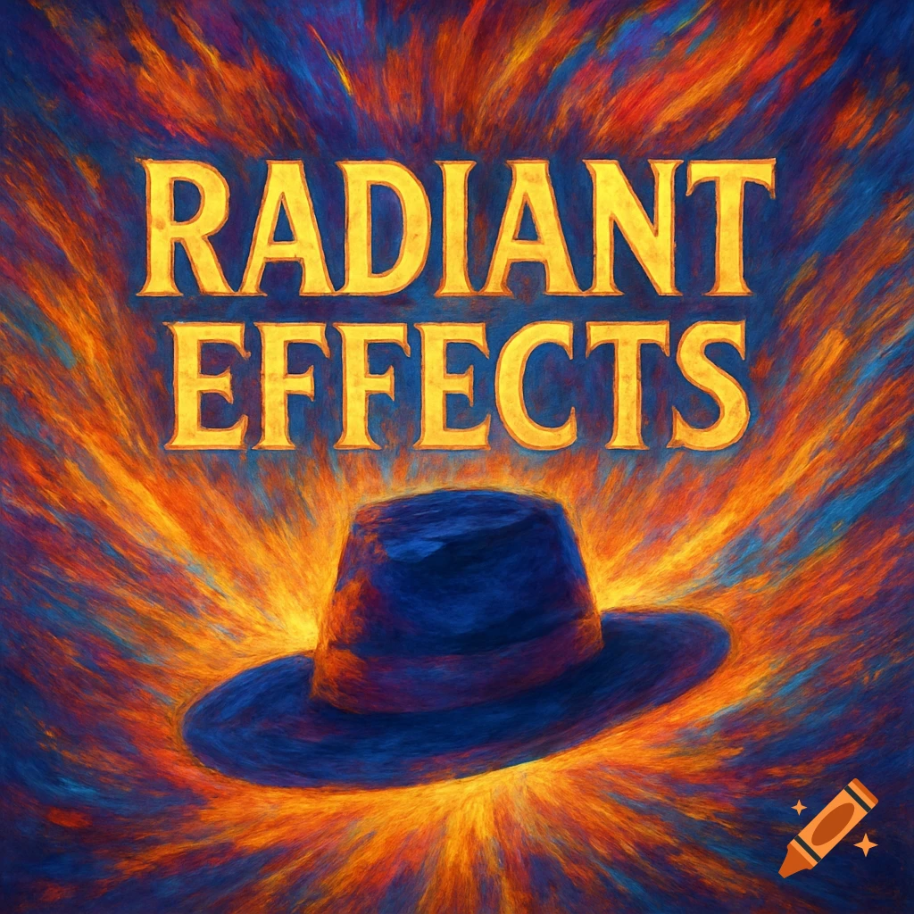 A blue hat sits centered against an abstract background of radiating orange and blue light, with the words "RADIANT EFFECTS" in gold letters above it, in a painterly style.