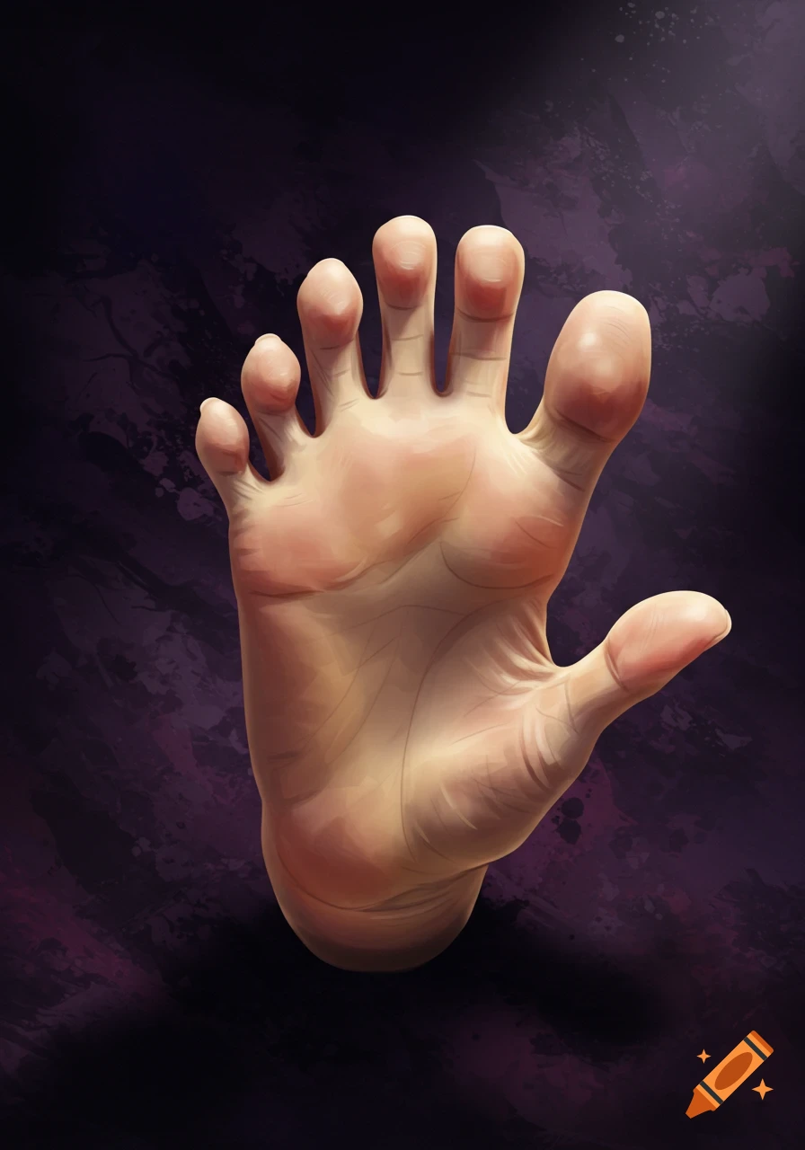 An anatomical illustration of a human hand with toes instead of fingers, set against a dark, textured background.