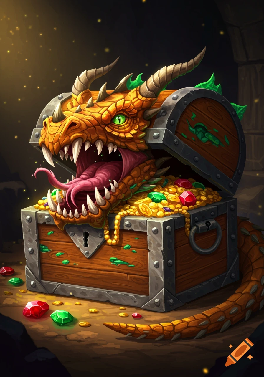 A colorful cartoon dragon with green eyes and a long tongue bursting out of a wooden treasure chest overflowing with gold coins and gems.