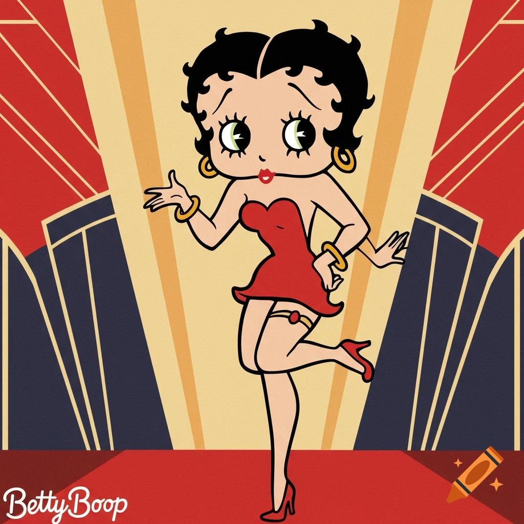 Cartoon character Betty Boop in a red dress with a garter, standing posed against an Art Deco-style background with red, gold, and dark blue shapes.