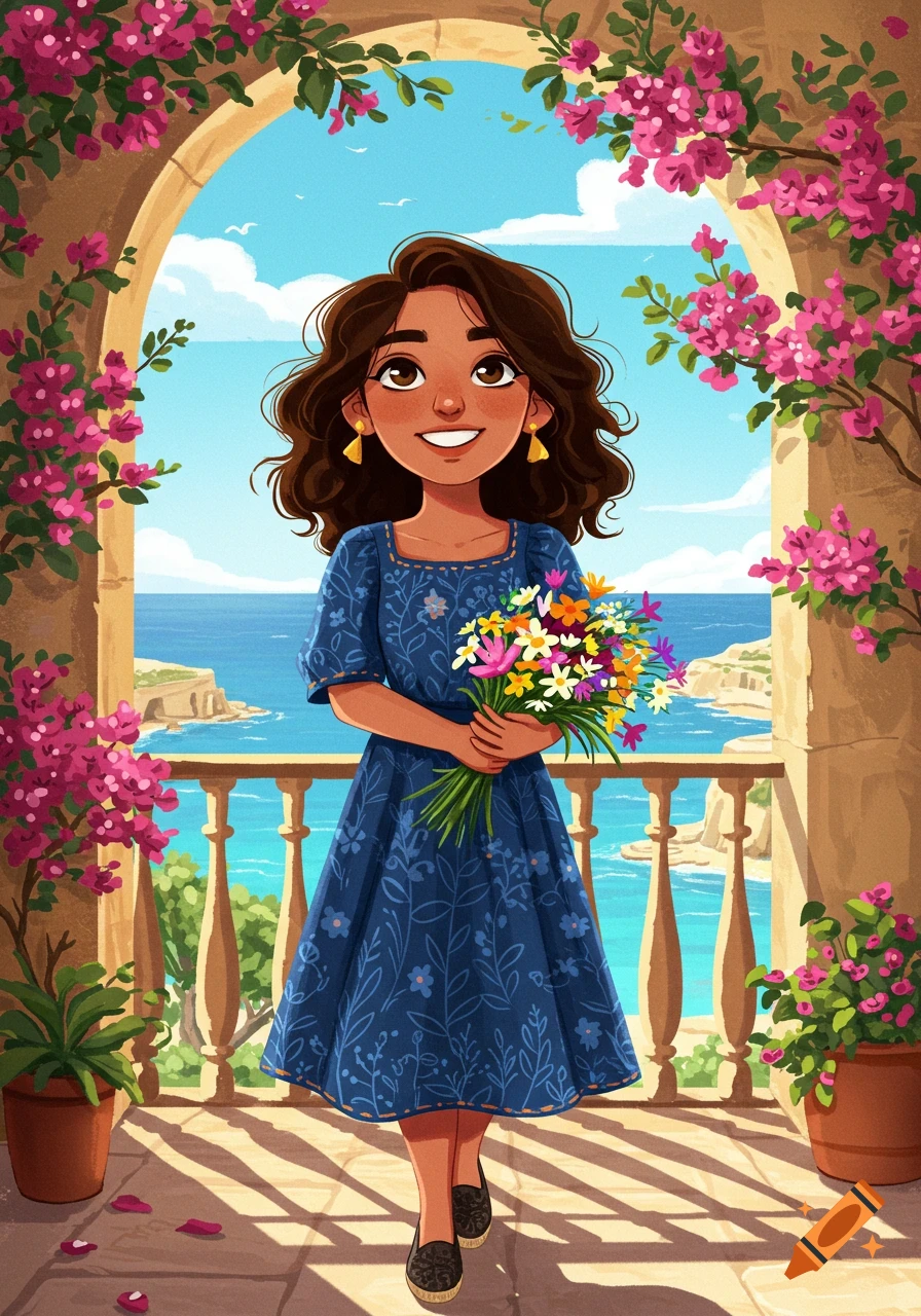 A smiling cartoon woman holds a bouquet of wildflowers on a balcony overlooking the sea and cliffs, surrounded by pink flowers.