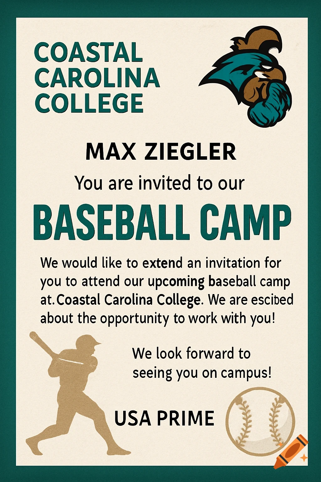 A digital invitation for a Coastal Carolina College baseball camp, with text, a bird mascot logo, and baseball graphics.