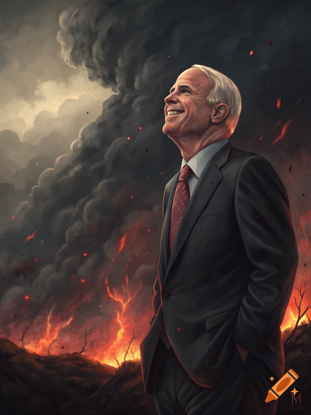 A man with white hair in a suit smiles, looking up, against a background of dark smoke and raging fires.