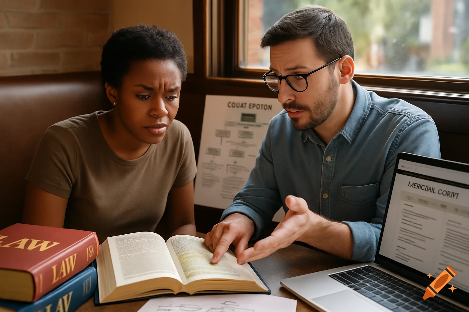 Two people studying in a cafe booth, surrounded by law textbooks and a laptop, with one person pointing at an open book while the other looks skeptical. Sunlight streams through a window behind them.