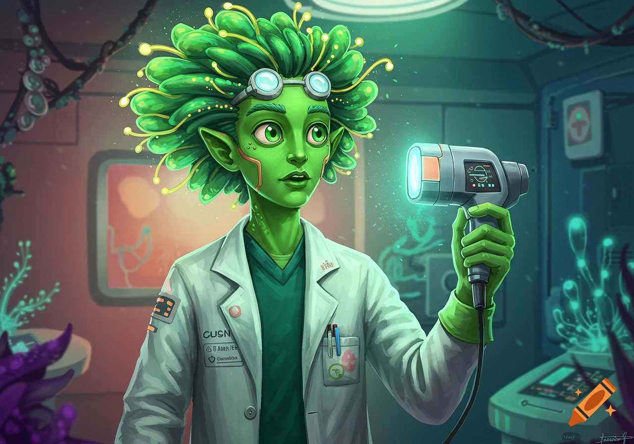 A cartoonish green alien with a large, leafy green hairstyle and goggles, wearing a lab coat and holding a glowing sci-fi device in a laboratory.