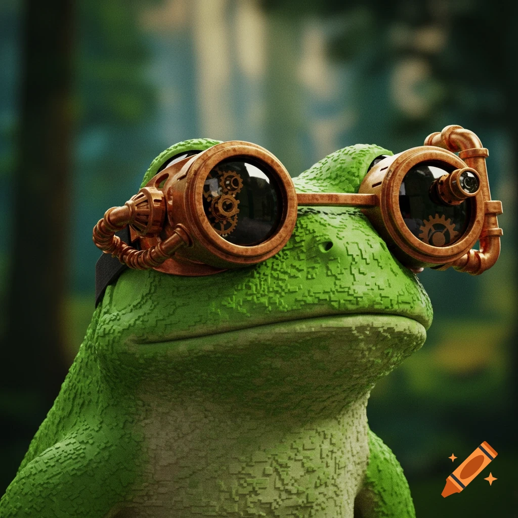 A pixelated green frog wearing steampunk goggles, with a blurred forest background.