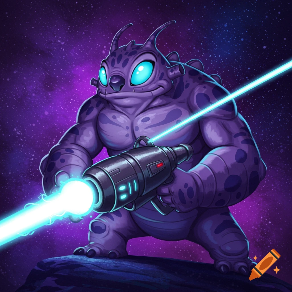 A muscular purple alien with large blue eyes holds a laser gun that emits a bright blue beam, against a starry purple space background.