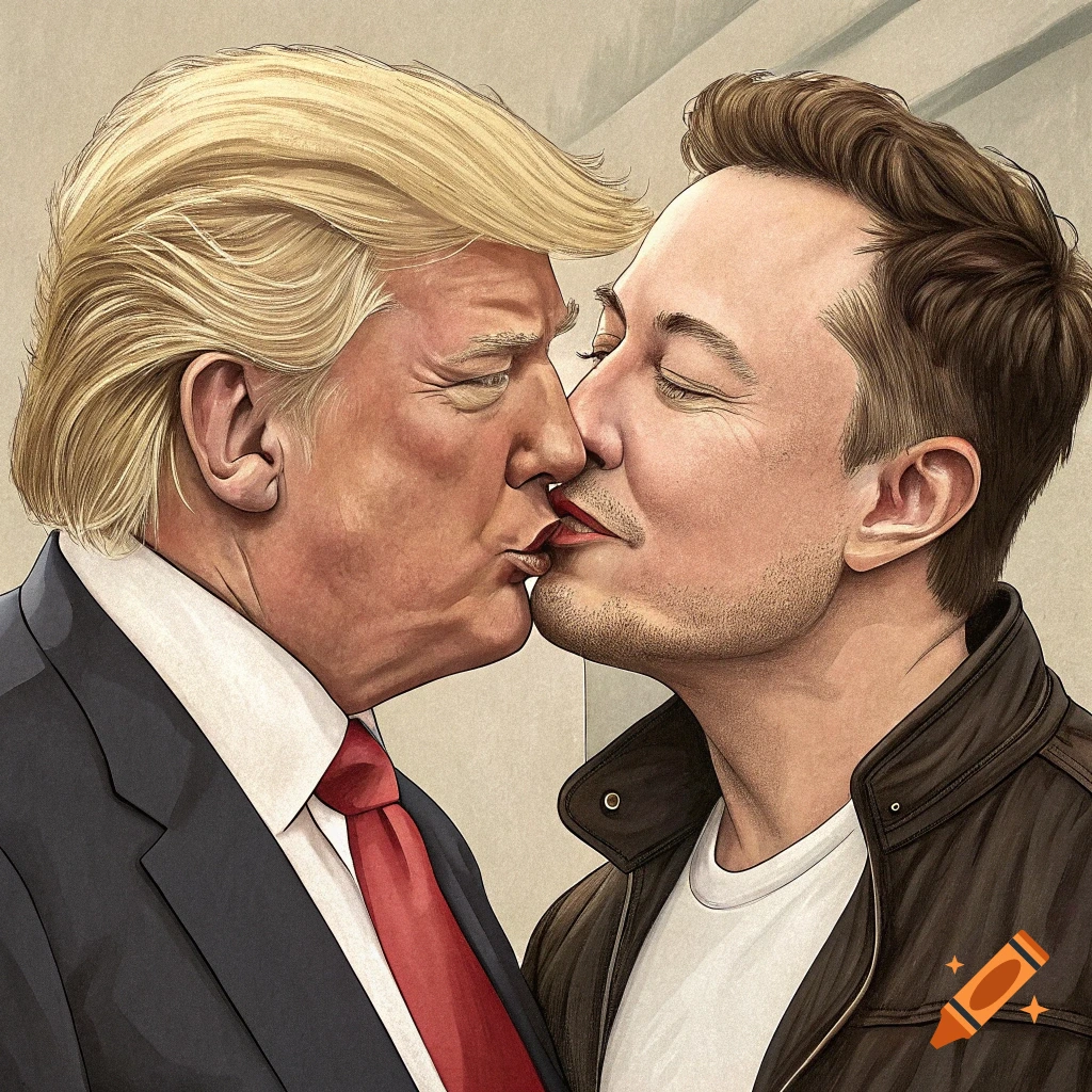 An illustrated caricature depicting Donald Trump and Elon Musk kissing.