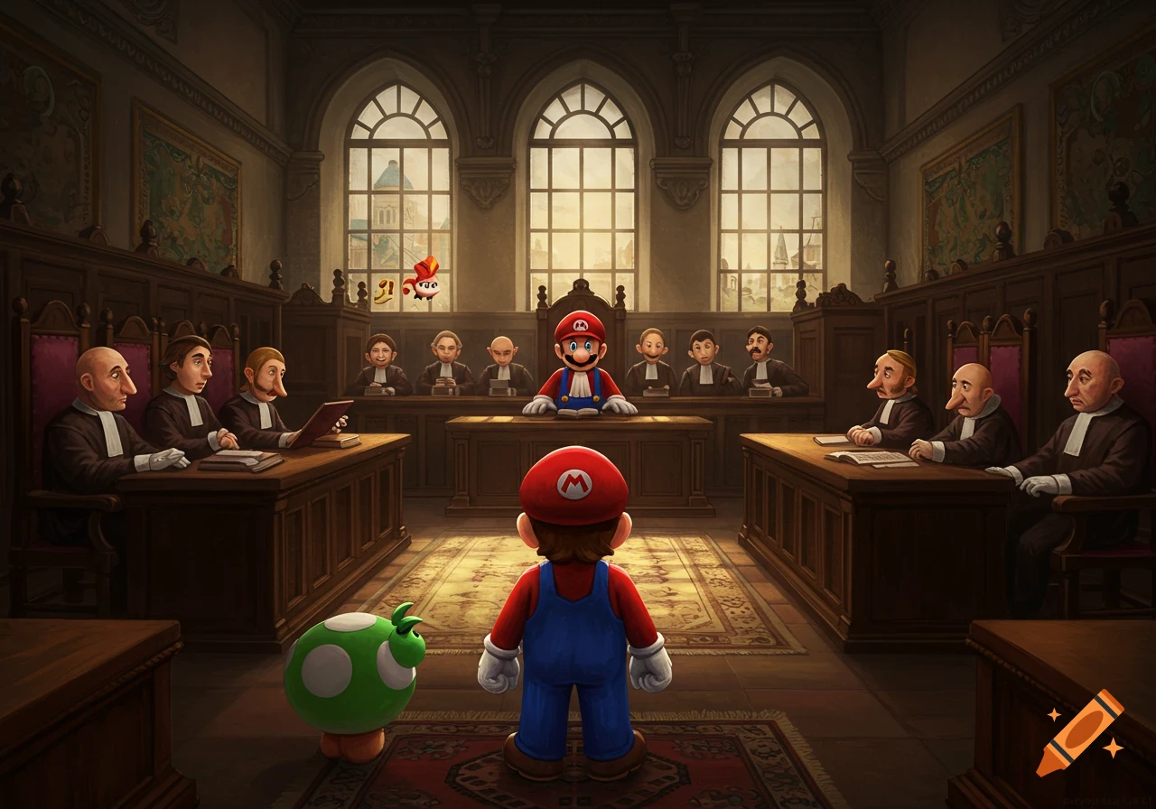 Mario stands in a grand courtroom, facing a Mario-like judge and other stylized characters, with a green mushroom creature beside him.