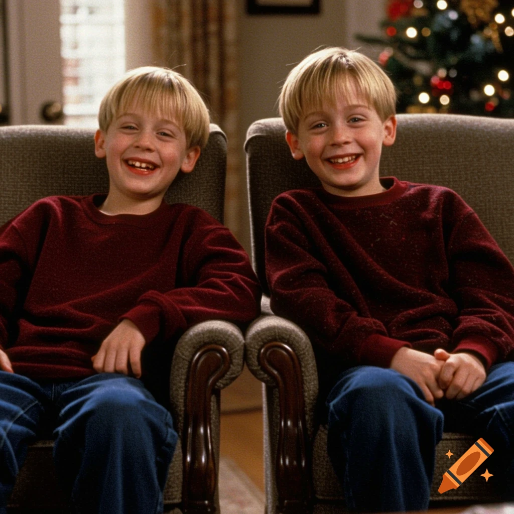 Two young blonde boys with bowl cuts, wearing red sweaters and blue jeans, sitting in chairs and smiling in a home with a Christmas tree in the background.