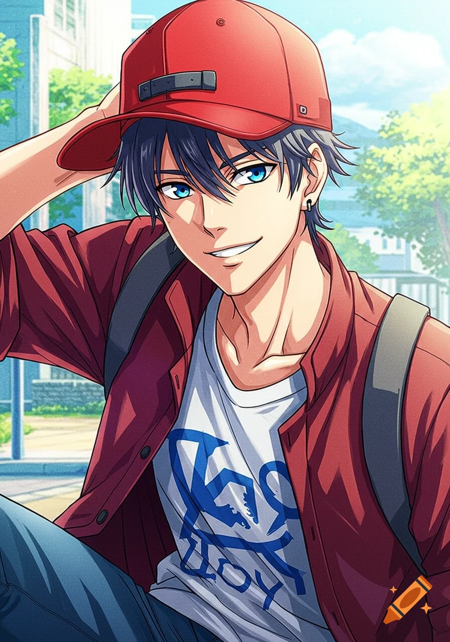 A handsome anime man with blue eyes smiles, wearing a red baseball hat backwards, a red jacket, and a white t-shirt, set outdoors.