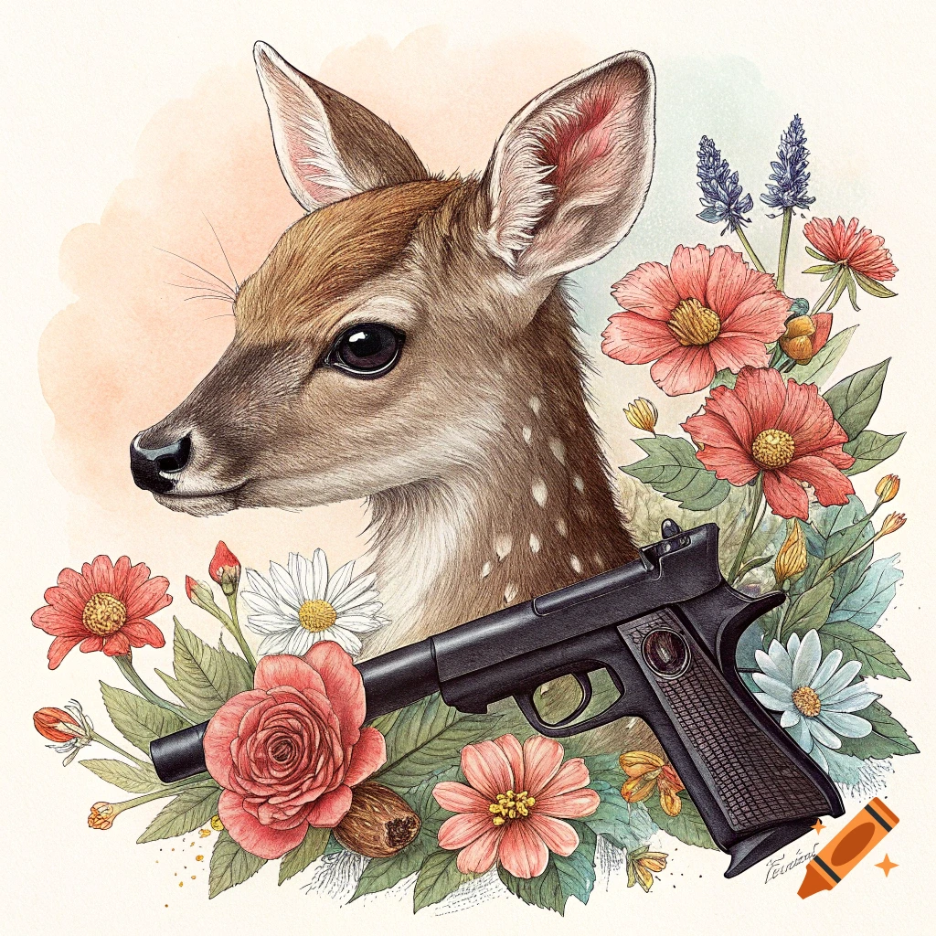 Watercolor illustration of a fawn surrounded by colorful flowers and a black pistol.