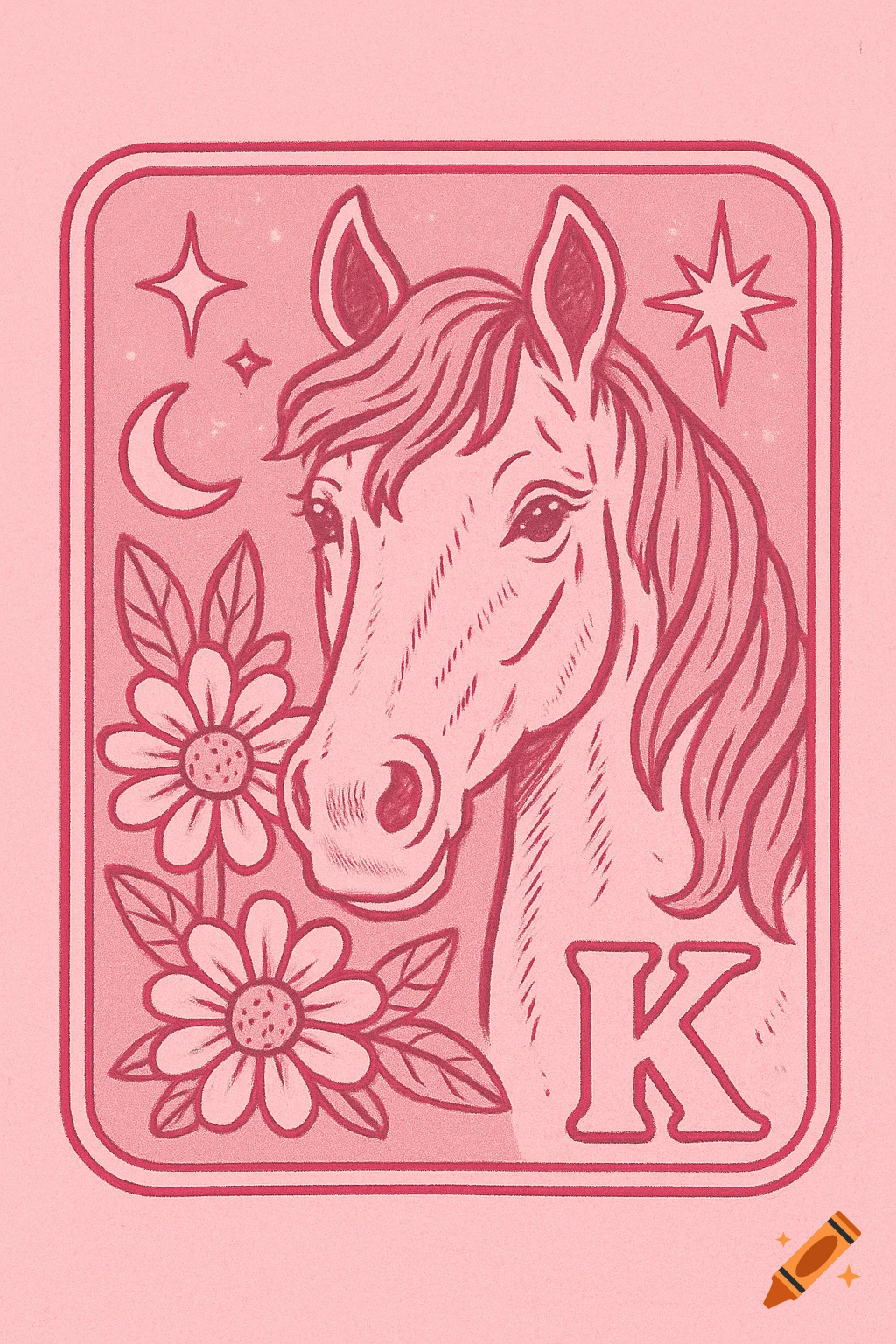 Retro pink line art illustration of a horse's head, framed by flowers, stars, moon, and the letter K.
