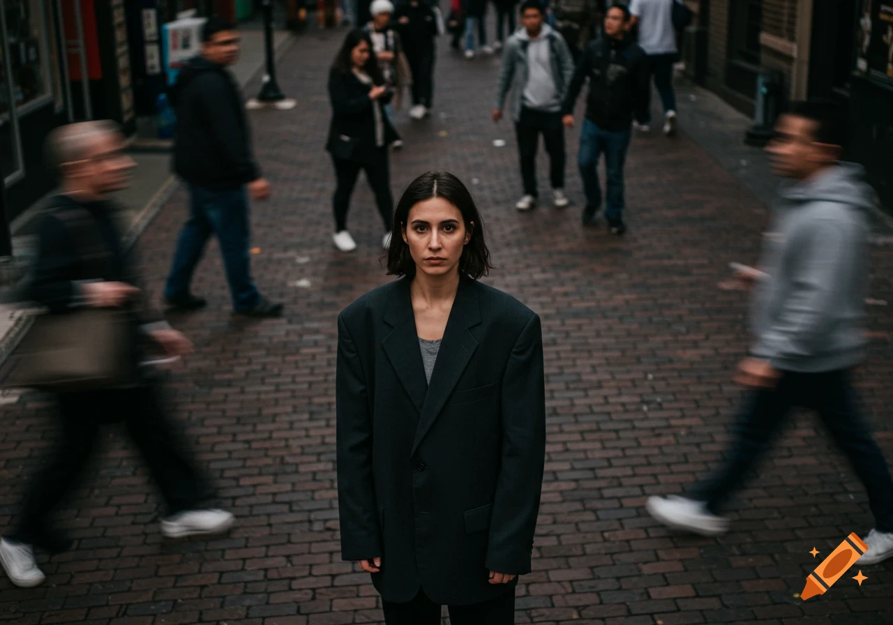 A woman in an oversized dark blazer stands still on a brick city sidewalk as a motion-blurred crowd rushes past in a moody, cinematic shot.