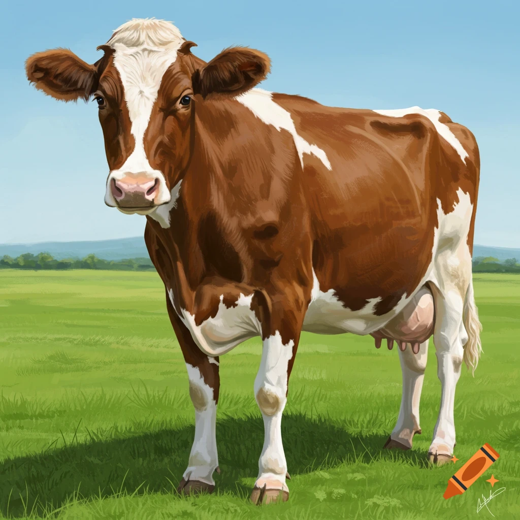 A brown and white dairy cow stands in a lush green pasture under a clear blue sky, looking forward.