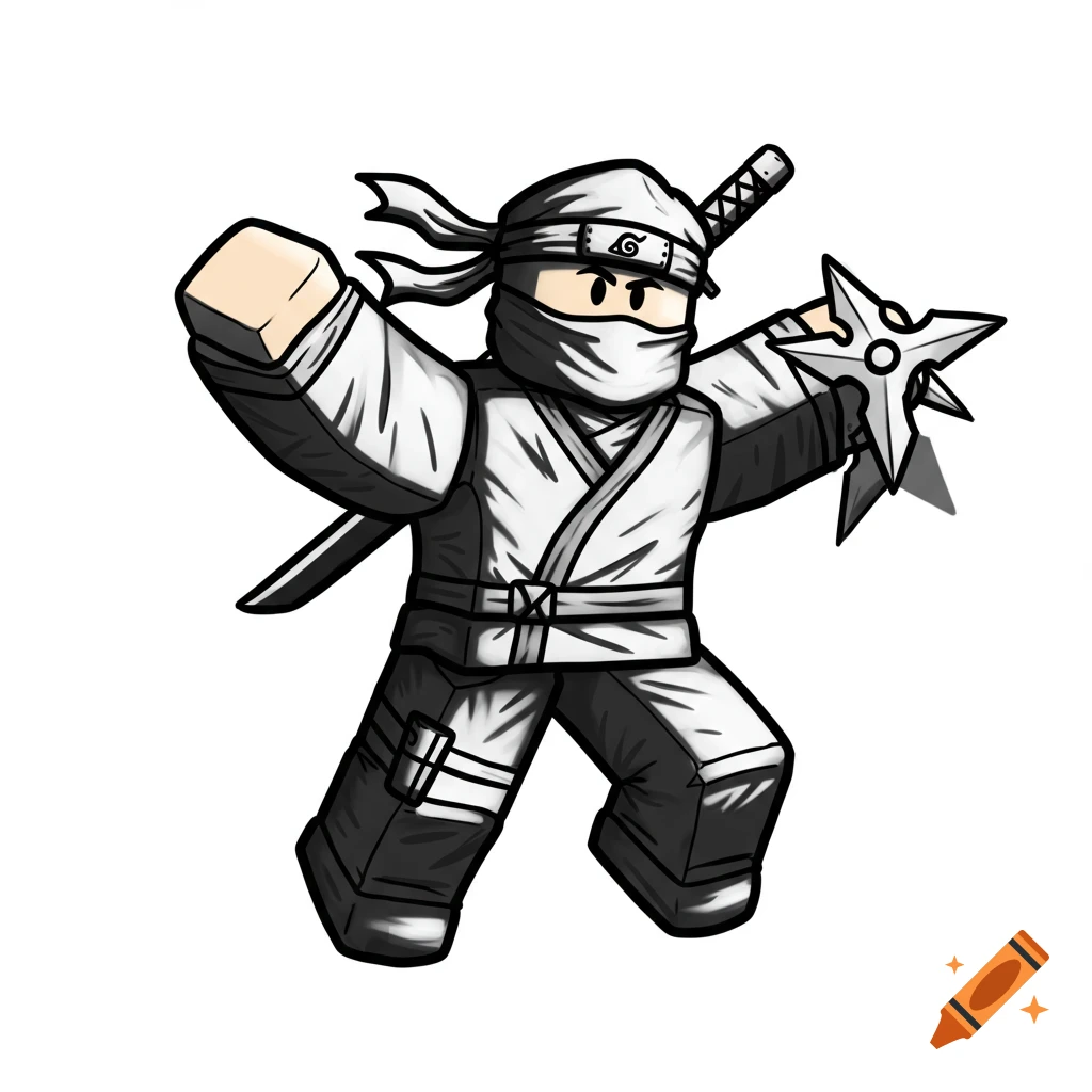 A Roblox-style ninja character in black and white, wearing a headband with a symbol, holding a shuriken.