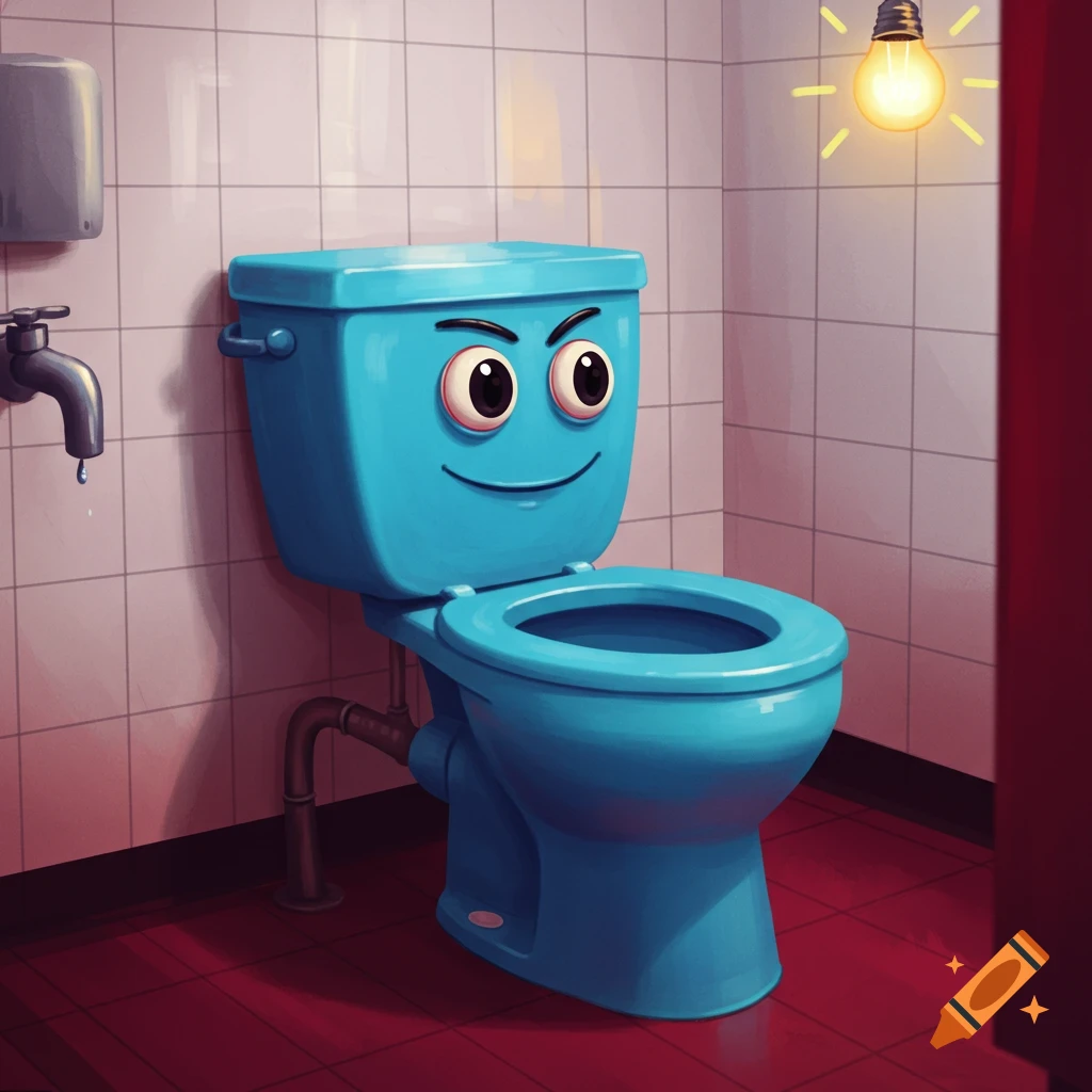 A blue cartoon toilet with a smiling face in a bathroom with white tiled walls and a red tiled floor. A faucet drips and a lightbulb glows.