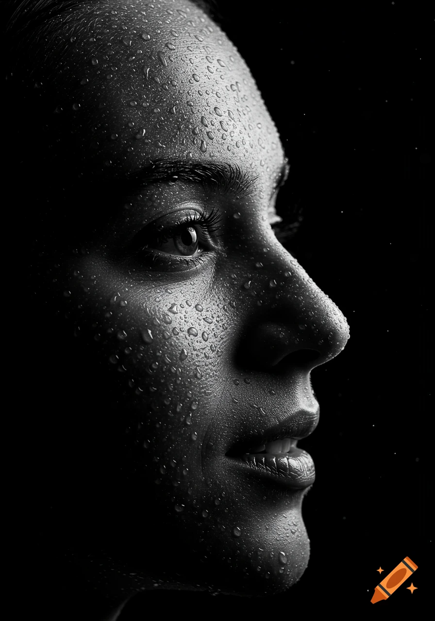 Black and white close-up profile portrait of a face covered in water droplets.