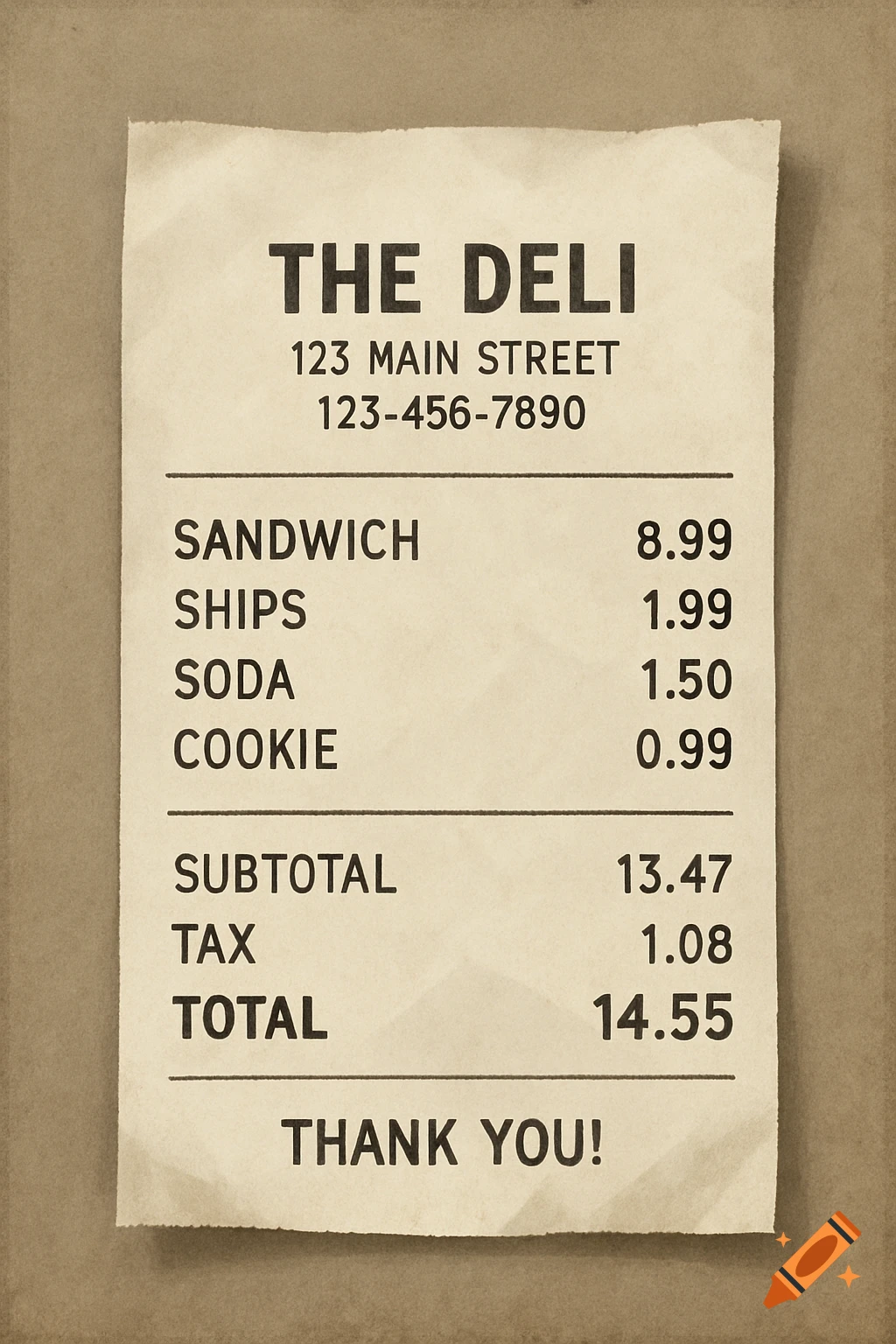 A creased, vintage-looking paper receipt from "THE DELI" listing items like sandwich, ships, soda, and cookie with their prices, subtotal, tax, and total.