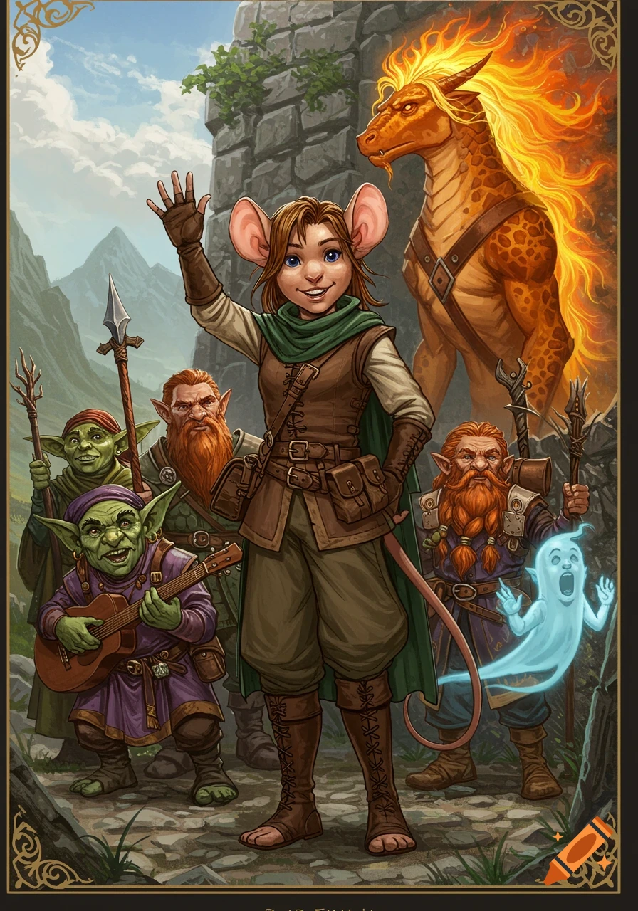 A mouse-eared human-like character waves to a group including goblins, dwarves, a ghost, and a fiery-maned dragon-like creature in a mountainous fantasy setting.