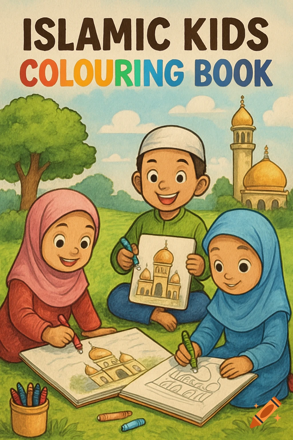 Illustration of three smiling Muslim children drawing mosques in coloring books on grass, with a mosque in the background.