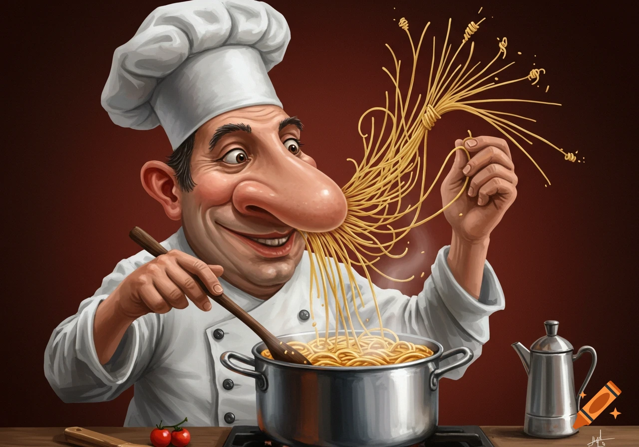 A cartoon chef with a giant nose has spaghetti for nose hairs, which he's stirring into a pot of pasta.