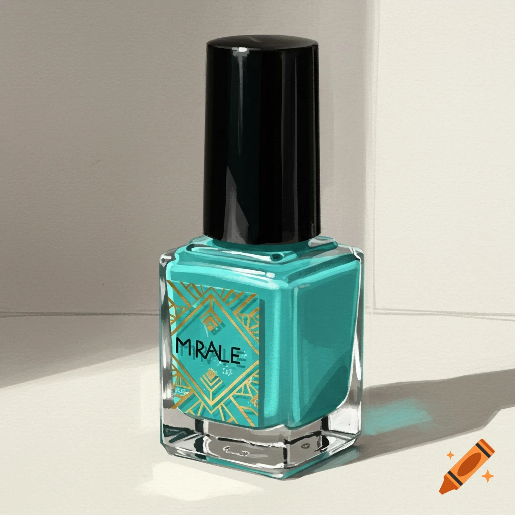 A teal square nail polish bottle with a gold and black label stands on a white surface.